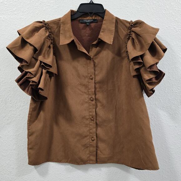 Marc New York Ruffle Sleeve Button Front Blouse Brown Size L - Picture 5 of 12